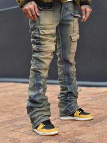 Manfinity LEGND Men's Washed Distressed Flare Leg Cargo Jeans Street Hang Out Urban - Yellow - View 1
