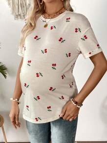 SHEIN تي شيرت كاجوال بتصميم طباعة الكرز للرقبة المستديرة وياقة متدلية للنساء الحوامل