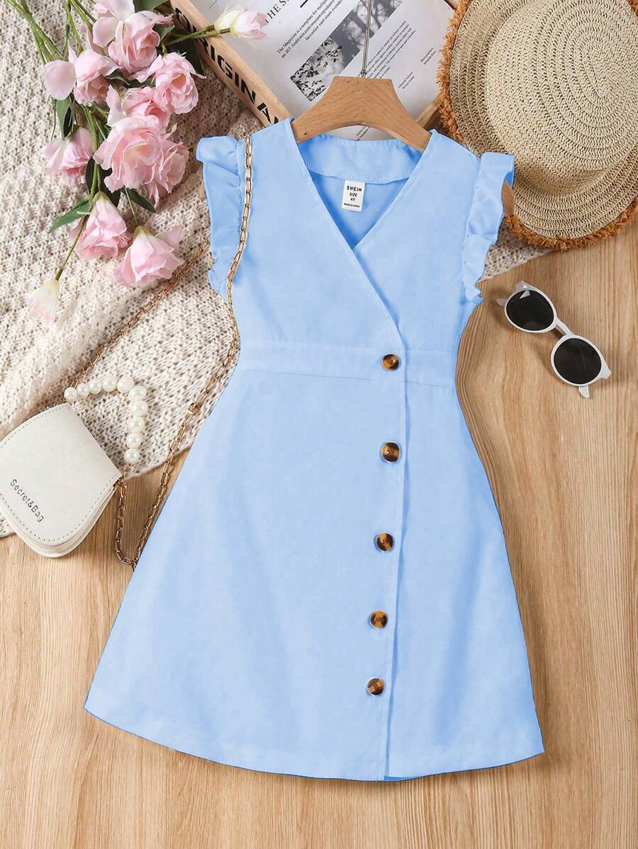 SHEIN Elladie kids 年轻女孩优雅纯色荷叶边袖连衣裙 - 藍色 - 查看 1