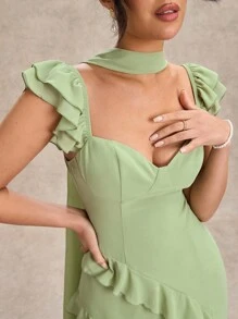 SHEIN BAE 女士春夏绿色 V 领无袖荷叶边优雅雪纺连衣裙，适合约会、婚礼、伴娘 - 綠色 - 查看 6