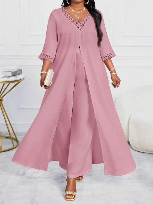 SHEIN Lady Spring And Summer Autumn And Winter Casual Elegant Woven Woven Woven White One Piece Sleeve Split Short Sleeve Plus Size Co-Ords Fall Wedding Guest Dress Women Pants Suit Valentine's Day Valentines Clothes Valentines Valentine's Day Valentines Gifts Festival Outfits For Women Valentines Outfit Women