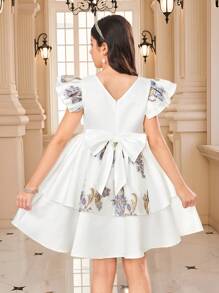 SHEIN Vestido de fiesta para niña preadolescente con jacquard floral, malla, diseño de peplum y volantes en capas, hilos metálicos, elegante, informal para vacaciones, fiesta blanca, vestido de princesa, para fiesta de cumpleaños, festival, Día de San Valentín