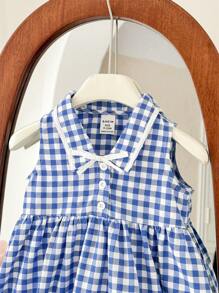 SHEIN Babygirl Summer Cute Vacation Blue Plaid Collar Dress - Blue and White - View 6