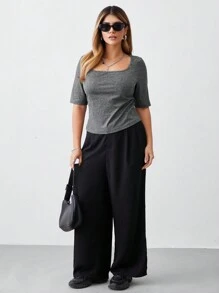 SHEIN BASICS 3pcs Casual Smart Casual Solid Color Crew Neck Short Sleeve Fitted Plus Size T-Shirt Summer Everyday Black Summer Tops - Multicolor - View 7