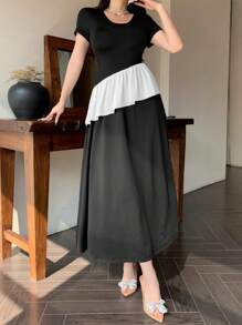 DAZY Vestido de largo medio con volantes asimétricos, patchwork y contraste de colores para mujer - Negro - Ver 7