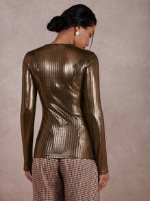 COSMINA Women's Single Breasted Long Sleeve Metal Texture Fashion T-Shirt - Brown - View 2
