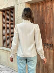 Pariaura Blusa elegante de mujer con contraste de encaje y manga larga de un solo abotonado