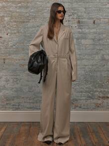 MUSERA Shirt Style Long Sleeve Lapel Tailored Belt Loop Wide Leg Pleat Detail Jumpsuit Casual Spring Summer Vacation Elegant Easter - Multicolor - View 1