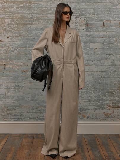 MUSERA Shirt Style Long Sleeve Lapel Tailored Belt Loop Wide Leg Pleat Detail Jumpsuit Casual Spring Summer Vacation