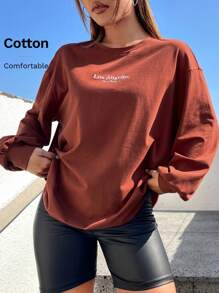 SHEIN EZwear 字母圖案落肩T恤 - 鏽棕色 - 查看 7