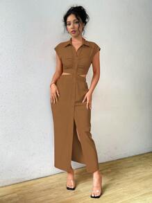 Rafferiza 夏季休闲纯色 V 领露腰纽扣前衬衫裙，女士优雅抽绳，褶皱短袖领修身长款热粉色蝙蝠袖纯色衬衫女长裙，春夏，休闲日常穿着长款女装 - 咖啡 - 查看 6