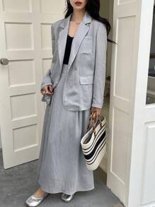 DAZY 女士休闲宽松外套和A字裙两件套套装，亚麻材质，秋季女装商务正装