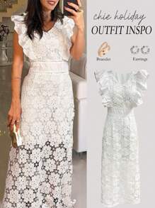 Elenzga Elegant White V-Neck Ruffle & Flower Lace Hollow Long Dress For Women - White - View 2