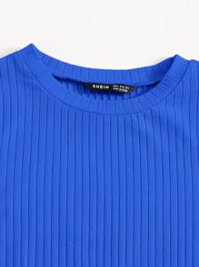 SHEIN EZwear 素色小褶邊羅紋針織T恤 - 寶藍色 - 查看 4