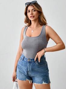 SHEIN BASICS Plus Size Solid Color Knit Slim Fit Sling Top & Camisole - Dark Grey - View 1