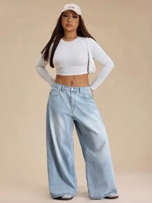 Forever 21 Spring New Fashion Low Waist Loose Wide Leg Casual Commuting High Street Minimalist Light Blue Washed Vintage Versatile Plus Size Women Jeans