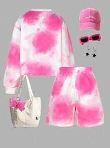 SHEIN Tween Girls Tie-Dye Printed Sweatshirt And Shorts Athleisure Set - Multicolor - View 2