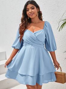 SHEIN VCAY 大码休闲纯色灯笼袖连衣裙