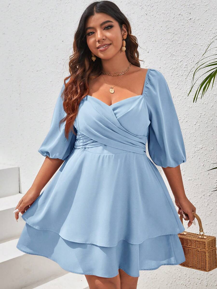 SHEIN VCAY 大码休闲纯色灯笼袖连衣裙