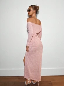 SHEIN ICON Conjunto de primavera con suéter de manga larga con cuello asimétrico ajustado y vestido largo rosa para mujer, atuendo de uso diario