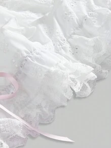 ROMWE Kawaii Plus Size Front Tie Ruffle Hem Casual Shorts, Suitable For Leisure & Holiday - White - View 3