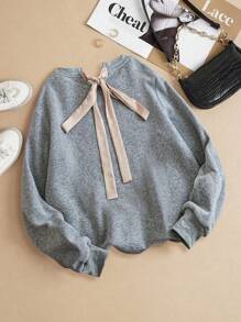 INAWLY 女士纯色圆领长袖休闲卫衣，秋冬套头衫 - 灰色 - 查看 2