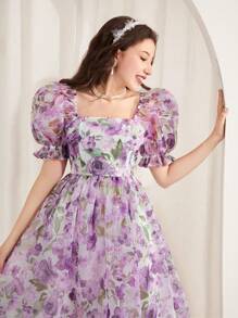 SHEIN 紫色花卉印花欧根纱荷叶边 A 字裙，春夏花卉图案泡泡袖正式婚礼派对开斋节连衣裙，适合少女 - 紫色 - 查看 4