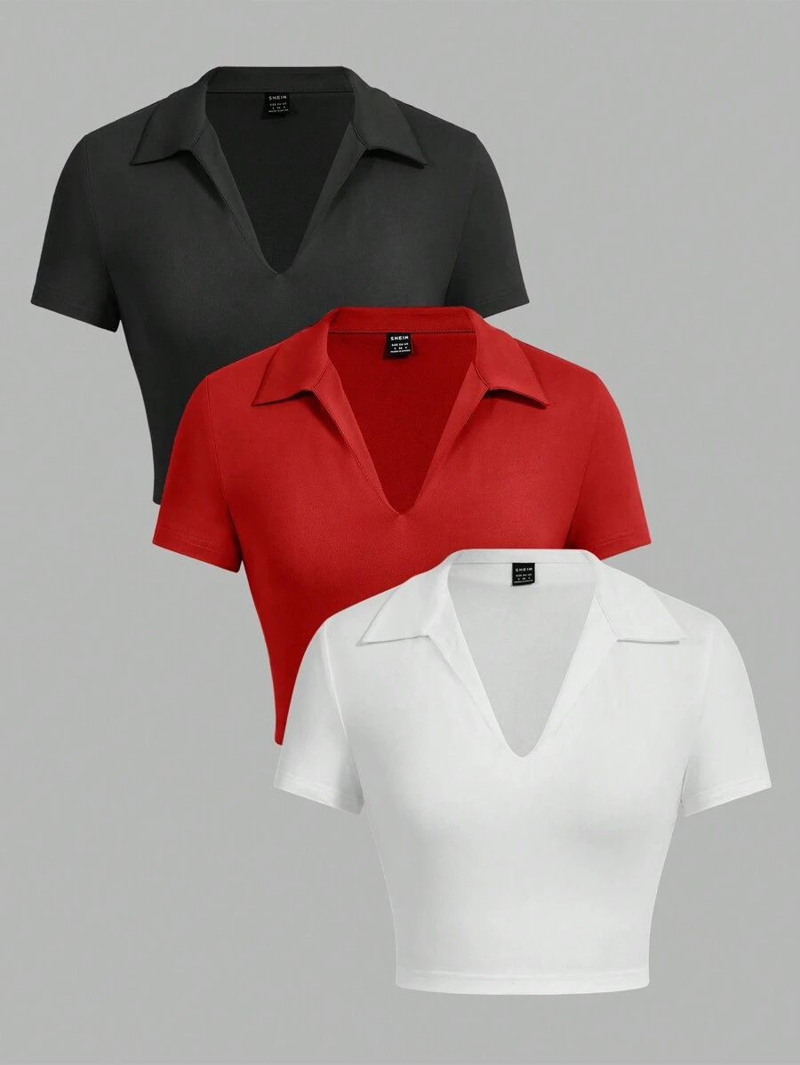SHEIN EZwear 3 件女式 V 领 Polo 修身短款休闲 T 恤,适合夏季 - 彩色 - 查看 1