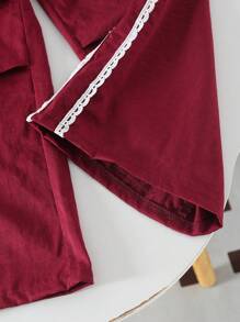 Girls Casual Sports Fashion Simple Elastic Waist Loose Wide Leg Pants, Embroidered Floral Trim, Girls Leisure Sports Trousers, Cargo Pants - Burgundy - View 6