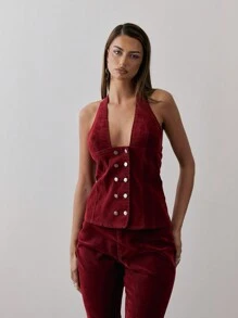 MUSERA Áo hở cổ yếm bằng da lộn đính đinh tán, phong cách mùa xuân 90s/Y2k, dễ thương, gợi cảm, mùa hè - Đỏ - Xem 1