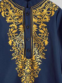 2pcs/Set Young Boy Print Half Placket Shirt + Pants Kurta Set - Multicolor - View 3