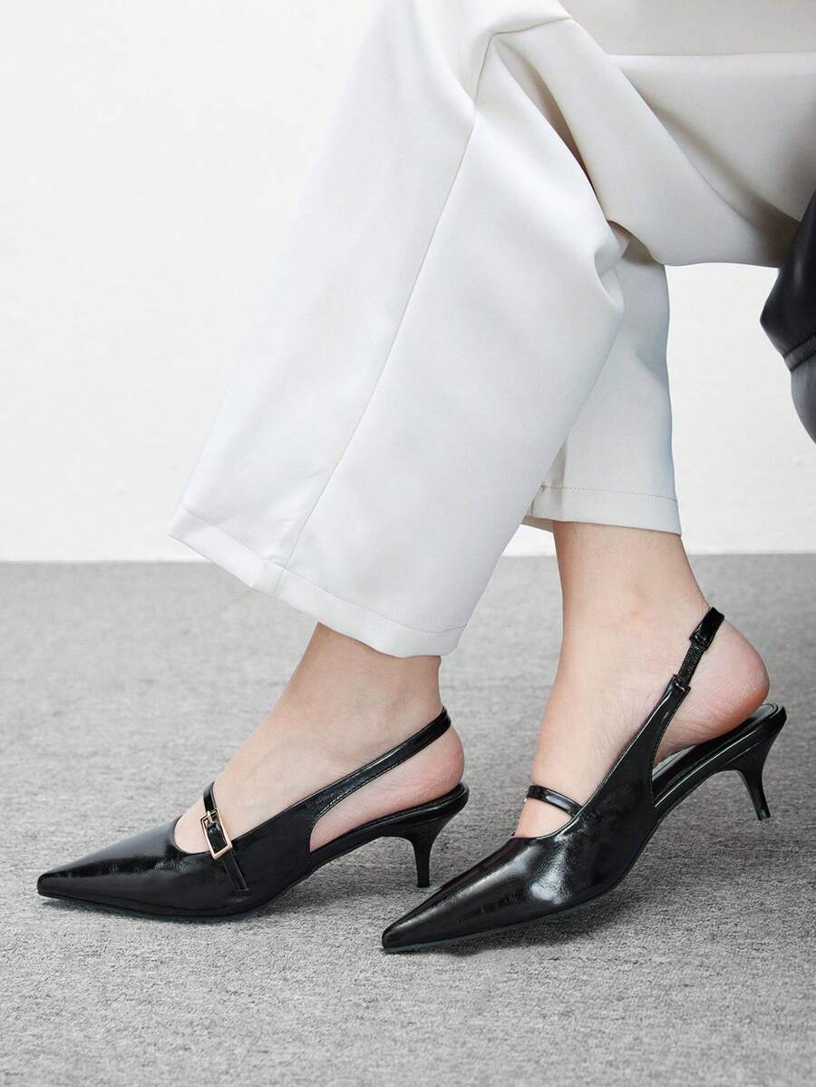 CUCCOO BIZCHIC 女士黑色尖头细高跟露跟低鞋面后系带派对高跟鞋，春夏 - 黑色 - 查看 1