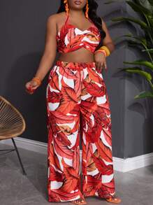 Slaydiva 3pcs Plus Size Women's Tropical Plant Print Loose Vacation Beach Set - Red - View 6