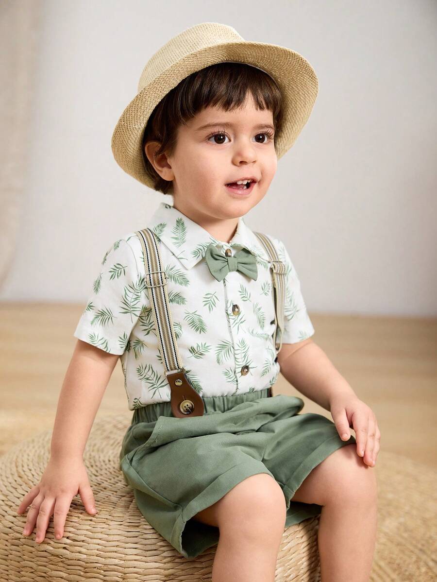 Cozy Pixies 2pcs Baby Boy Plants Print Collar Short Sleeve Shirt And Bib Shorts Suit Set