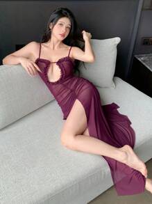 DAZY 透视网纱高开衩镂空装饰吊带性感睡裙，适合外出穿着，女士内衣 - 紫色 - 查看 6