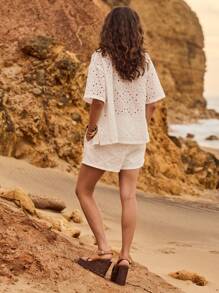 Aralina 夏日假期刺绣细节短袖前扣衬衫 - 白色 - 查看 2