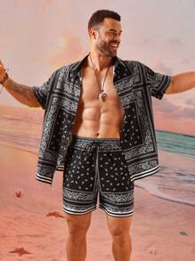 EASEVO Plus Size Men Street Style Casual Black Shirt And Shorts Set With Paisley Flower Pattern