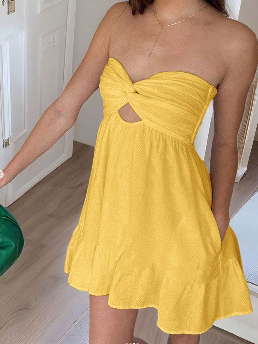 SHEIN EZwear 女士黄色编织露肩度假夏装 - 黃色 - 查看 1