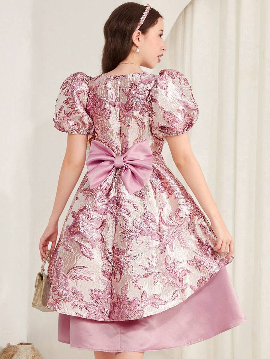 SHEIN Teen Girls' Pink Satin Jacquard Glossy Puff Sleeve Asymmetrical Dress Splicing Color Block Princess Party Dress, Fit For Formal Events, Festivals, Holidays