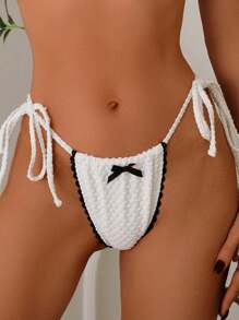 SHEIN Swim Cute & Casual Ruffled Bow Contrast Color Women Swimwear Bikini Bottom, Suitable For Girls, Summer Beach Vacation - Black and White - View 1