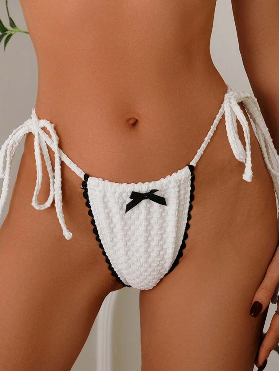 SHEIN Swim Cute & Casual Ruffled Bow Contrast Color Women Swimwear Bikini Bottom, Suitable For Girls, Summer Beach Vacation - Black and White - View 1