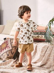 Cozy Pixies Set de 2 piezas de Top de manga corta de cuello redondo suave y pantalones cortos de cintura elástica con estampado de palmeras para bebé niño