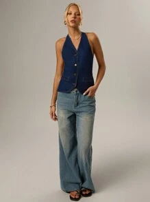 Forever 21 Spring New Halter Neck Sleeveless Open Back Washed Denim Tied Women Denim Tank Top - Blue - View 5