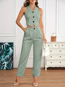 Calvaya 2 件套女士休闲无袖印花背心和西装裤套装，秋季 - 綠色 - 查看 4