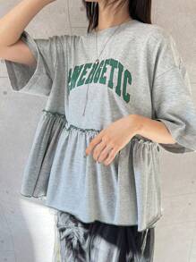 FRIFUL Áo thun nữ in chữ rộng rãi, áo mùa hè dễ thương, áo thun họa tiết - Xám - Xem 5