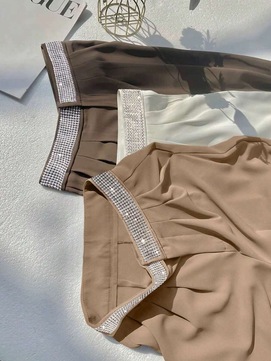 SHEIN Clasi Women's Waist Rhinestone Pleated Loose Pants - Khaki - View 1