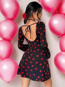 SHEIN Essnce Women's Heart Print Round Neck Bell Sleeve Cute Mini Dress For Valentine's Day