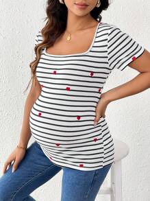 SHEIN Heart Embroidery Striped Fitted Maternity T-Shirt