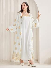 SHEIN 少女编织金色印花吊带连衣裙套装，带花卉图案服装，传统服装，白色和金色两件套 - 白色 - 查看 1