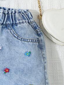SHEIN 2pcs/Set Young Girl Fashionable Denim Camisole And Denim Shorts Summer Set - Medium Wash - View 6